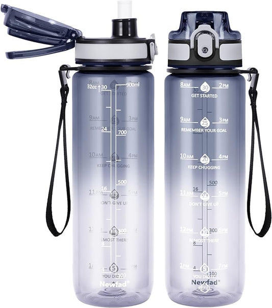 32 oz Water Bottle with Detachable Straw, Clear Motivational Water Bottles with Time to Drink, Tritan & BPA Free Sports Water Jug with Time Marker, Upgraded handle design