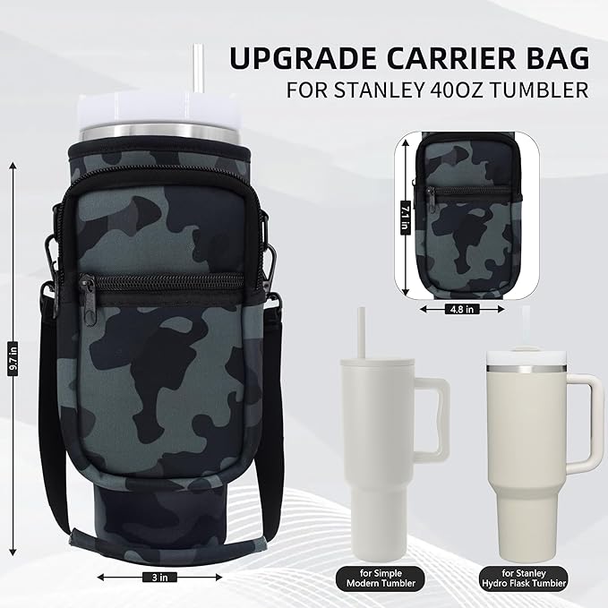 Water Bottle Carrier Bag with Phone Pocket for Stanley 40 oz Tumbler Neoprene Water Bottle Holder Pouch with Adjustable Strap Bollus with Straw Cover & Carabiner for Stanley Cup Accessories