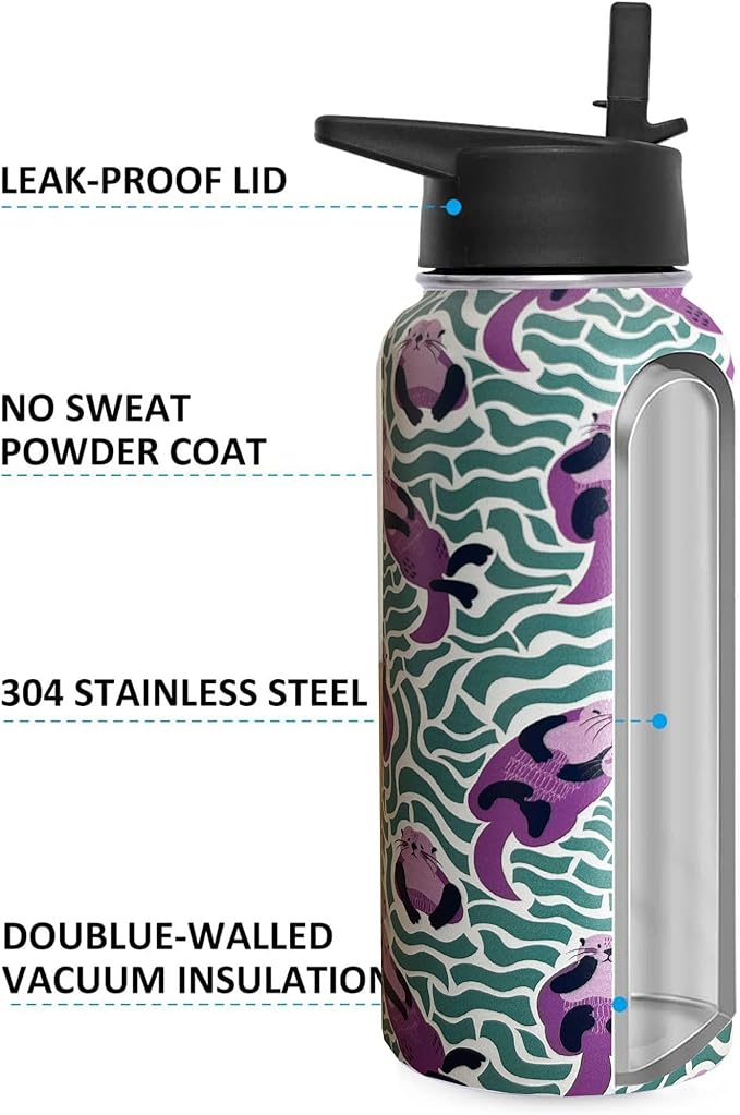 32 oz Sea Otter Water Bottle Insulated Vacuum Stainless Steel Sports Water Bottle with 2 Lids (Straw and Spout Lid) for Gym Camping Hiking