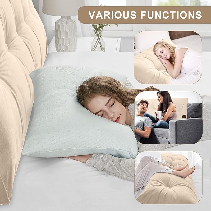 Large Triangular Headboard Pillows Long Backrest Positioning Support Bolster Cushion for Daybed Fluffy Quality Plush Body Wedge Pillow with Removable Cover(Beige-Queen-59x8x20in)