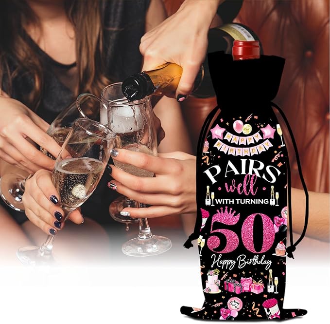 50th Birthday Gifts for Her Him Wine Bag, 50 Year Old Birthday Gifts for Women Men, 1974 Birthday Gifts for Women Men, Happy 50 Year Old Birthday Party Decorations for Women Men (Black Pink)