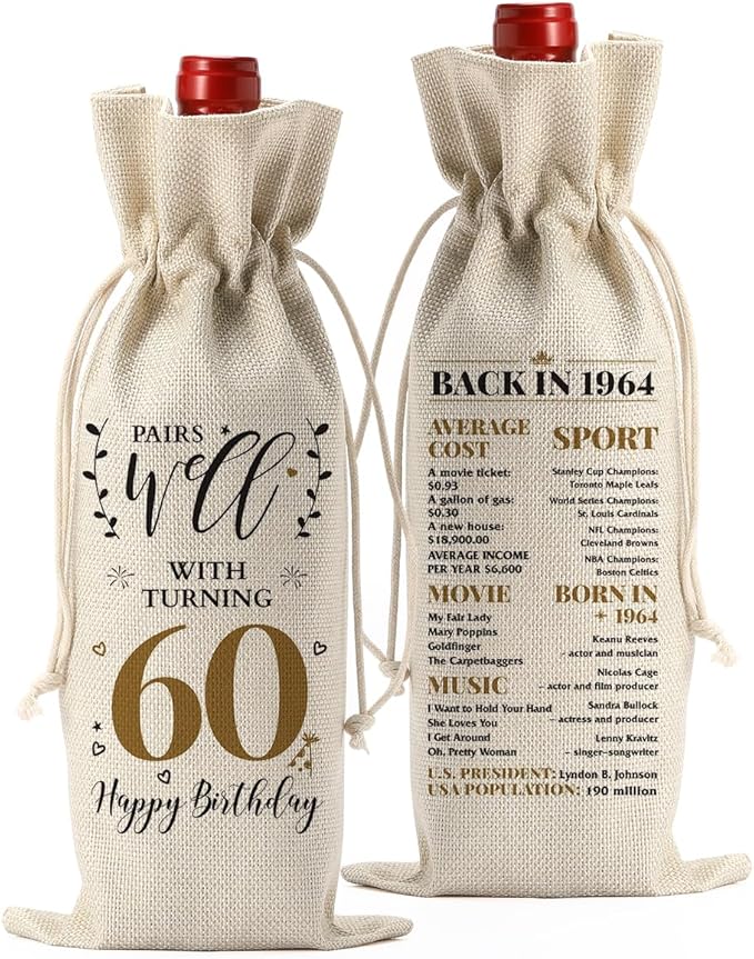 60th Birthday Gifts for Women Ideas Funny Wine Bag 60th Birthday Decorations Party Favors Happy Anniversary Retirement Gifts for 60 Year Old Woman Men Dad Mom Grandparents Wine Gift Bag