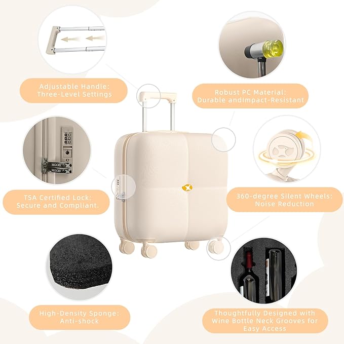 Wine Suitcase, 6 Bottle Wine Luggage, Durable Wine Travel Case, Fly With Wine Suitcase with TSA Lock, Versatile Wine Carrier with Removable Inserts and Silent Spinner Wheels（Cream）