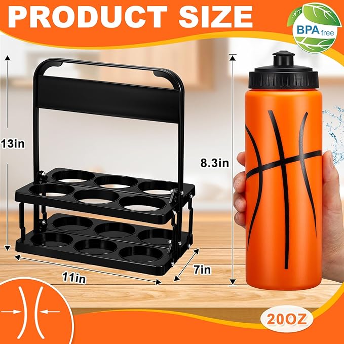 Water Bottle Carrier with 6 Bottles 20 oz Basketball Water Bottles for Boys with Carrier Squeeze Water Bottles Sports Team Water Bottles with Carrier for Fitness Bike Gym