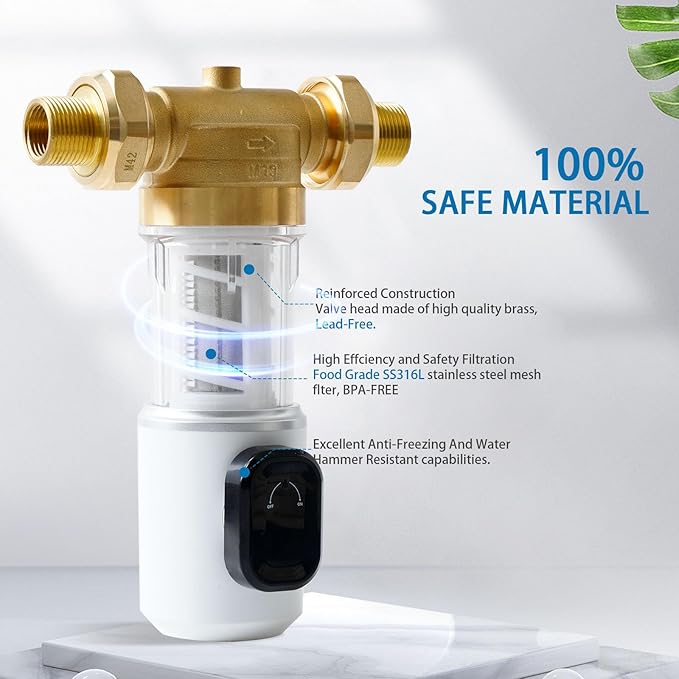 40Micron Spin Down Sediment Filters With Scraper, Reusable Whole House Sediment Water Filter, Pre-Filtration System for City/Well Water, 1.6" MNPT + 1" FNPT + 1" MNPT, BPA Free