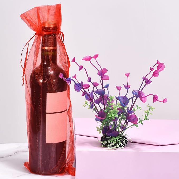 uxcell Organza Wine Bags, 12PCS 14.5 x 5.5 In Red Sheer Mesh Organza Wine Wrapping Bags With Drawstring Wine Gift Pouches for Bottle Birthday, Wedding Party
