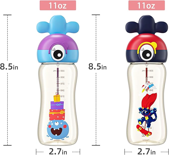 Kids Water Bottle for School or Travel, 11oz Reusable Kids School Water Bottle, Leak-Proof Portable Water Bottle for Girls & Boys, BPA-free (Blue+Red, 2 Pack)