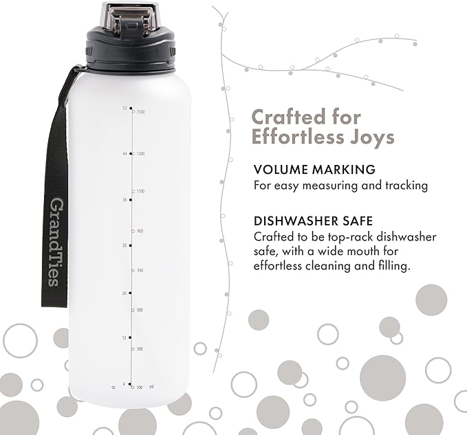 GRANDTIES Sports Tritan Plastic Water Bottle with Straw, Removable – Leakproof BPA Free Dishwasher Safe Travel Water Bottle with Strap for Gym, Outdoor, Fitness (Frosted Snowy White, 52oz (1.5L))