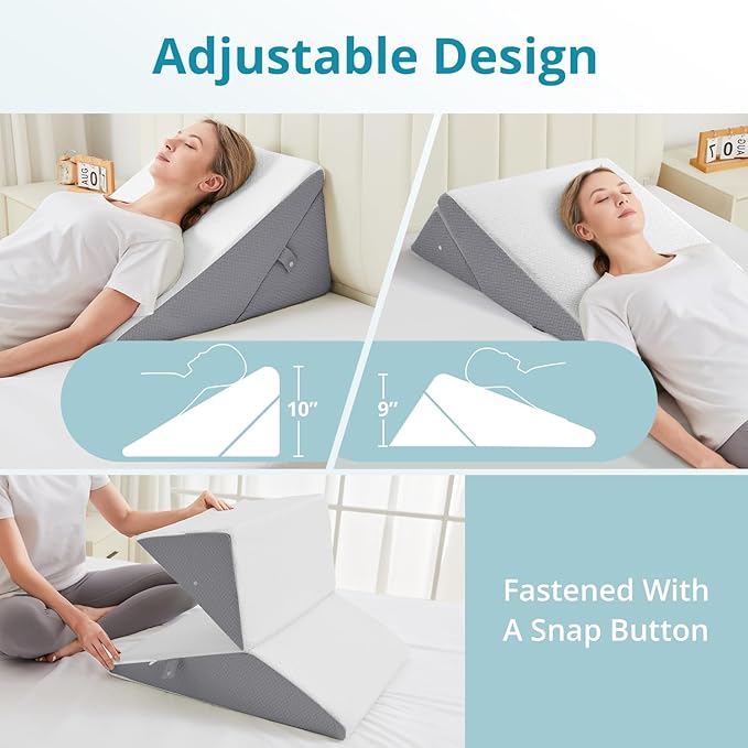 Sasttie Wedge Pillow for Sleep Apnea, 10 Inch Adjustable Bed Wedge Pillow for Back Pain, Acid Reflux, Memory Foam Triangle Pillow Wedge for Sleeping, Post Surgery, Knee Elevate, White & Dark Grey