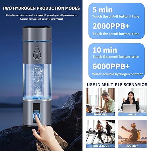 Hydrogen Water Bottle, 2 Modes Rechargeable Portable Hydrogen Water Bottle Generator, Highest 6000PPB, That Uses SPE and PEM Technology, LED Display(Press and Hold for 5 Seconds to Turn on)
