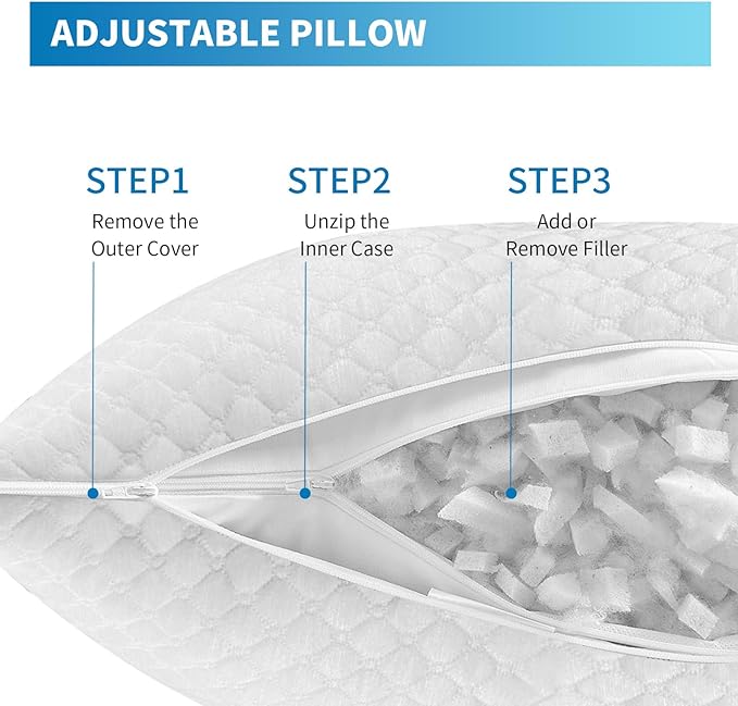 Shredded Memory Foam Pillows, Bed Pillows Standard Size Set of 2, Cooling Pillows for Sleeping, Adjustable Firm Pillows for Side Back and Stomach Sleepers, Bed Pillows with Washable Removable Cover