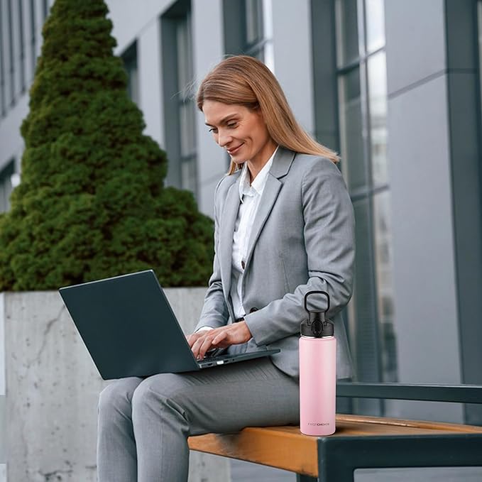 Insulated water bottle with Straw,24oz Stainless Steel Water Bottle for Adult Kids,Double Wall Vacuum Wide Mouth Insulated Water Bottle for Sports,BPA-free and Leak-proof（24oz,Pink）