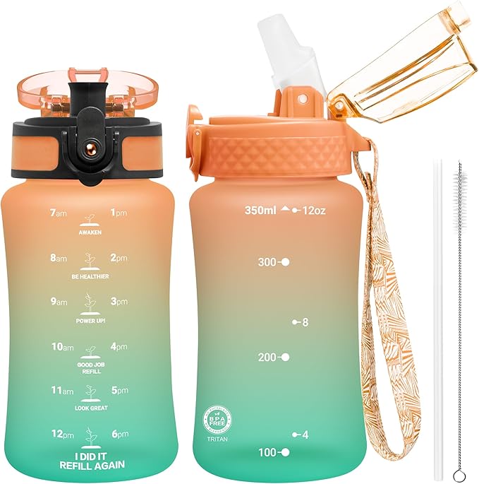 OLDLEY Kids Water Bottle for School, 12 oz (2 lids) BPA-Free Reusable Leak-proof Durable Tritan Plastic Water Bottles with Straw & Chug Lids, Anti-dust Spout Cover (Sunflower)