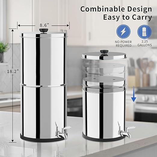 Gravity-Fed Water Filter System 2.25G Stainless Steel Countertop Water Filtration System with 2 Carbon Filters Reduce Lead and 99% Chlorine Conforms to NSF/ANSI 42&372 Standards Portable