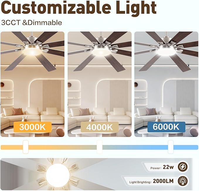 72 inch Large Ceiling Fans with Lights and Remote,Brushed Nickel Modern Indoor & Outdoor Ceiling Fan for Living Room,Patio,6 Speed Reversible Quiet DC Motor,3 CCT,Dual Finish 8 Wooden Blades