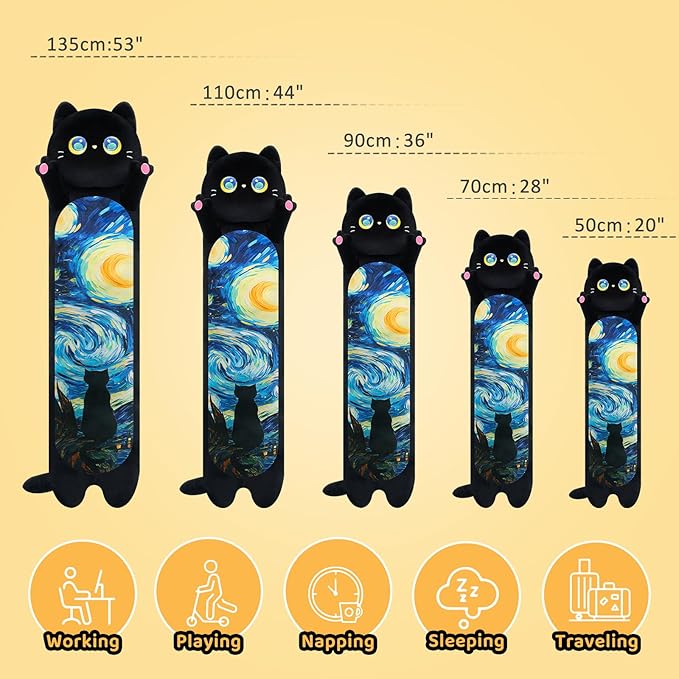 Long Cat Plush Kawaii Kids Plush Toy Pillows, Cute Black Cat Stuffed Animals Soft Plushies, Kitten Big Plush Toys Throw Body Pillow Doll Gift for Girls Boys (Black Starry Cat 44 Inch)