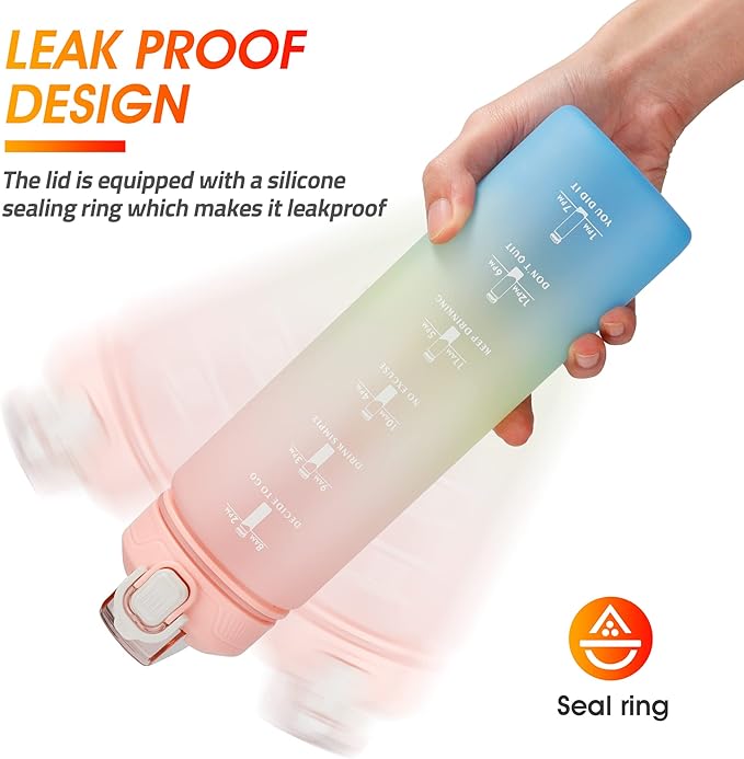 Motivational Water Bottle with Time Marker- 32oz Water Bottles with Times to Drink, Leakproof & BPA Free Sports Water Bottle with Straw & Carry Strap for Fitness, Gym, and Outdoor Sports