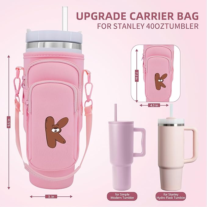 Water Bottle Carrier Bag for Stanley Cup Accessories, for Stanley Tumbler 40 Oz with Handle Holder Bag with Strap Neoprene Bollus with Straw, Straw Cover, Carabiner (Off White)