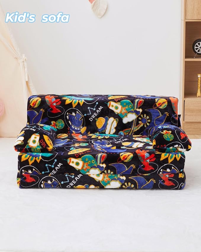 Weighted Idea 2-in-1 Kids Sofa Couch Fold Out for Girls and Boys, Folding Toddler Chairs Comfy Children Couch Baby Recliner, Convertible Sofa to Lounger(Blue Dinosaur, 30x18x16 inches)