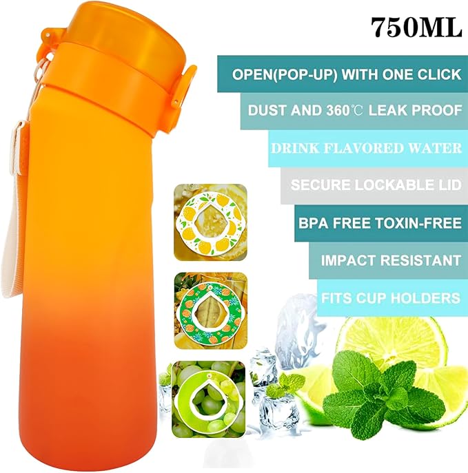 Air Water Bottle,750ML Scent Water Cup with 3 Flavour Pods,Leak Proof Sports Water Cup with Straw Suitable for Outdoor Sports,Gifts From Friends, Birthday Gifts (Gradient Orange + 3pods)