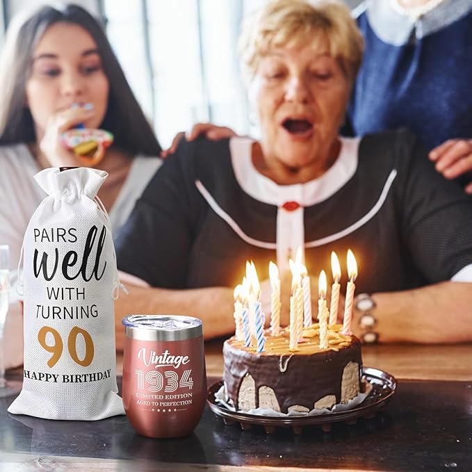 Lifecapido 90th Birthday Gifts for Women, Vintage 1934 Limited Edition Insulated Wine Tumbler with Wine Bag, Gifts for 90 Year Old Woman, 90th Birthday Gift Ideas for Mom Grandma Wine Lover, 12 oz