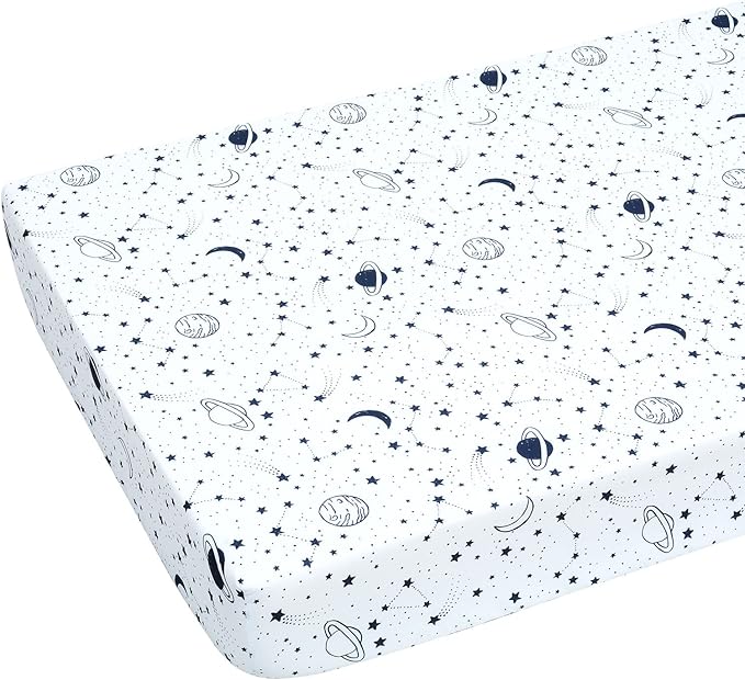 JISEN Baby Crib Sheet 1 Piece Portable Fitted Crib Sheet for Standard Crib and Toddler Mattresses Nursery Bed Decor for Boys Girls 28x52 Inch Stars Planets