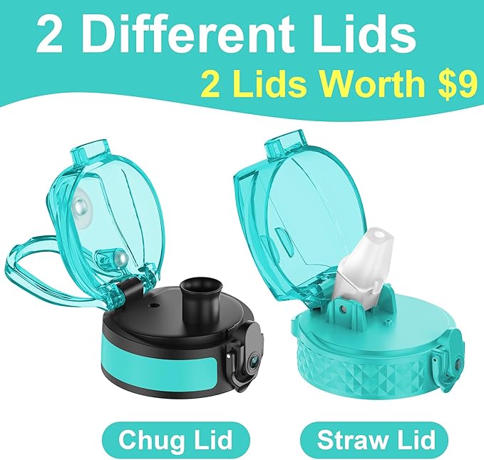 OLDLEY Kids Water Bottle for School with Straw Chug Lid, 15 oz Unbreakable Leak-Proof BPA-Free Motivational Water Bottles with Time Marker for Travel Sports Gym, 2 Lids, Mint Purple