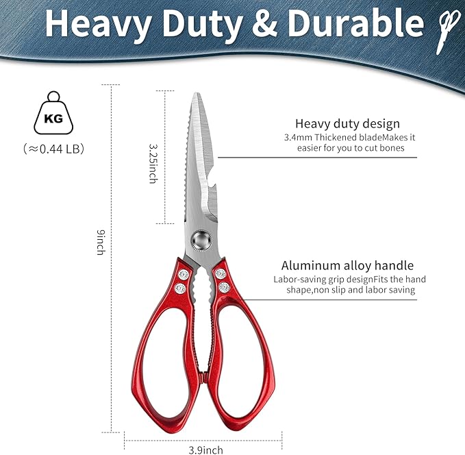 Kitchen Shears for Food Heavy-Duty: Multipurpose Kitchen Shears for Cutting Chicken, Bone, Meat, Food, (9'' Red)