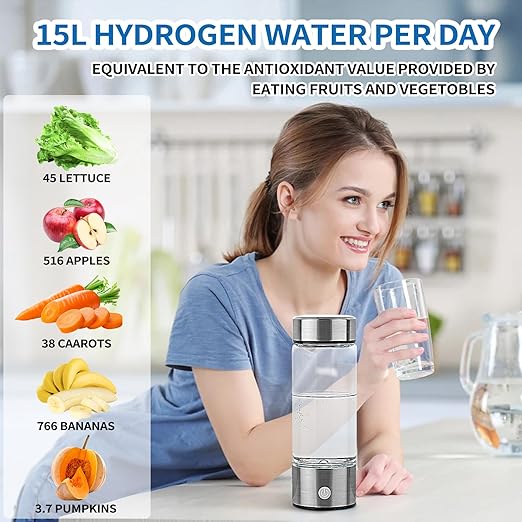 Hydrogen Water Bottle, Portable Hydrogen Water Bottle Generator, Rechargeable Hydrogen Water Ionizer Machine Quick Electrolysis Hydrogen Water Glass Health Cup for Office Travel Exercise Home, Silver