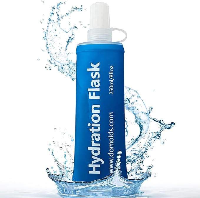 Premium Collapsible Water Bottle-250ml (8.8oz), Portable Soft Flask Water Bottle for Hydration Pack/Running Vest- Folding Water Bottle for Running, Hiking, Cycling (Blue 250ml)