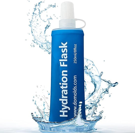 Premium Collapsible Water Bottle-250ml (8.8oz), Portable Soft Flask Water Bottle for Hydration Pack/Running Vest- Folding Water Bottle for Running, Hiking, Cycling (Blue 250ml)