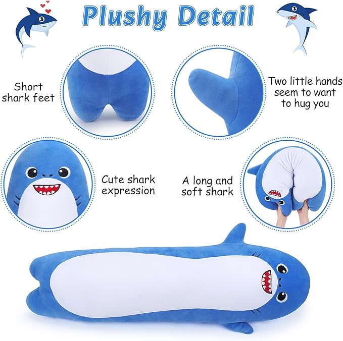 Long Shark Plush,Cuddly Shark Stuffed Animal,Cute Plushies Shark Plush Toys,Kawaii Sleeping Animal Body Pillow,Soft Plush Hugging Pillow,Ideal Snuggle Buddy for Kids Adults(Blue Shark,20”)