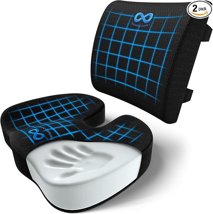 Everlasting Comfort Seat Cushion and Lumbar Support Pillow - Premium Memory Foam Office Chair Cushions for Enhanced Posture, Support, All-Day Comfort - Multi-Use for Car, Desk Chair, Gaming Chair