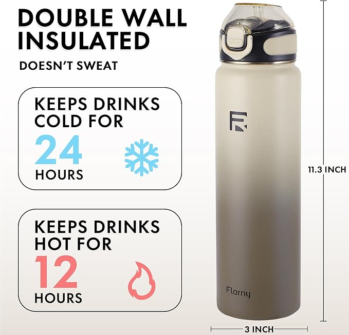 32 oz Insulated Water Bottle with Straw, Stainless Steel Metal Thermos Bottles, Durable Non-Slip Gradient Bottle with Strap for Sports and Travel, Leak Proof (White Gray)