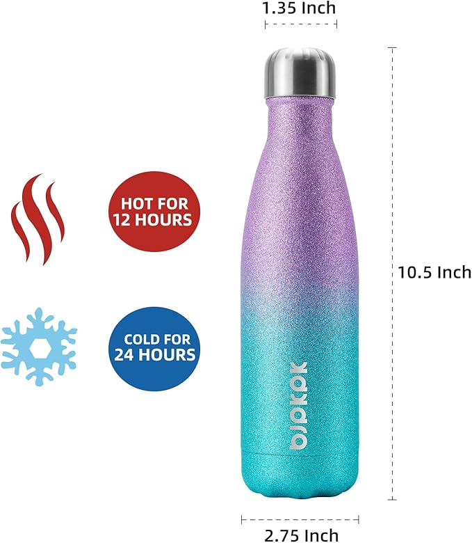 BJPKPK Insulated Water Bottles -17oz/500ml -Stainless Steel Water Bottles,Sports Water Bottles Keep Cold for 24 Hours and Hot for 12 Hours,BPA Free Water Bottle,Glitter Purple Green