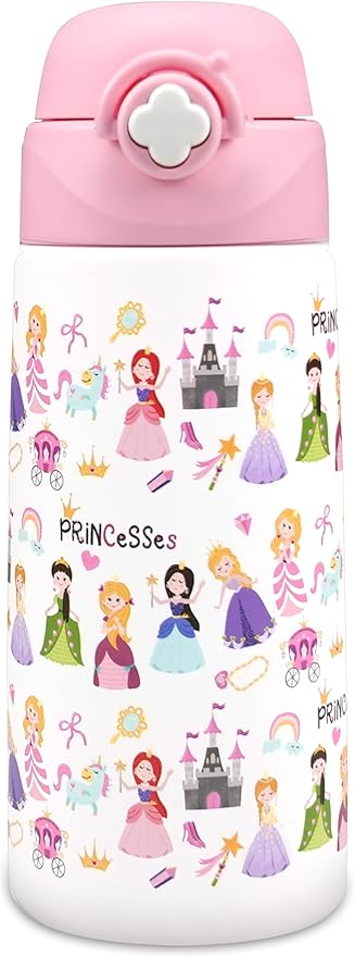 Kids Insulated Water Bottle with Covered Pop-Up Straw,16oz Kids Cups with Stainless Steel Leak Proof for School Boys Girls（2-Princess）