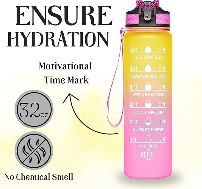 Leakproof Water Bottle with Straw & Lid - 32oz Motivational BPA Free Water Bottle with Time Markings & Straw Lid for Sports & Outdoors - Ensure Hydration with Leakproof Bottle and Straw