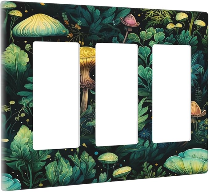 Green Dark Forest Mystical Mushroom 3 Gang Rocker Light Switch Covers Triple Outlet Wall Plate Decorative Switchplate Cover Faceplate GFCI for Country Bathroom Bedroom Kitchen Decor