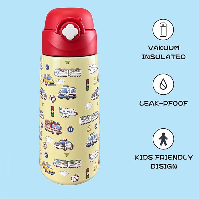 Kids Insulated Water Bottle with Covered Pop-Up Straw,16oz Kids Cups with Stainless Steel Leak Proof for School Boys Girls（Vehicle）