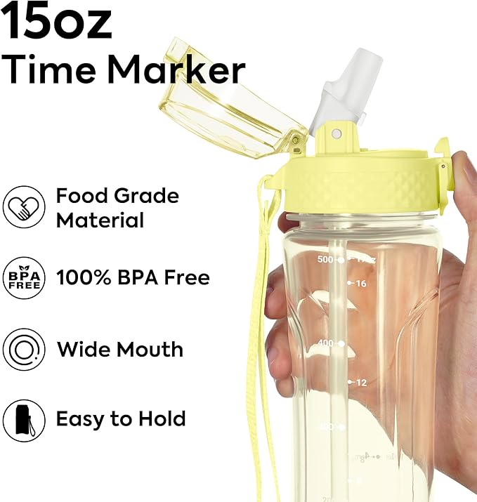 OLDLEY Kids Water Bottle with Straw 15 oz BPA-Free Leak-Proof Motivational Water Bottles with Time Marker for School Sports Travel Gym, Easy to Use for Girls Goys, 1 Straw Lid, Transparent-yellow