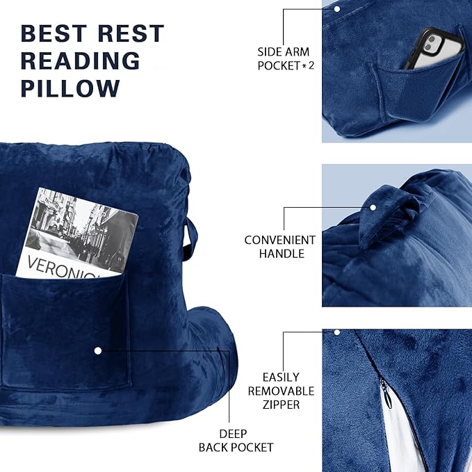 SLIGUY Reading Pillow Standard Bed Pillow for Sitting in Bed Couch or Floor-Backrest with Arms Support and Pockets, Adult Back Pillow Bed Chair for Bed Rest, Reading, Watching TV, Gaming, Blue