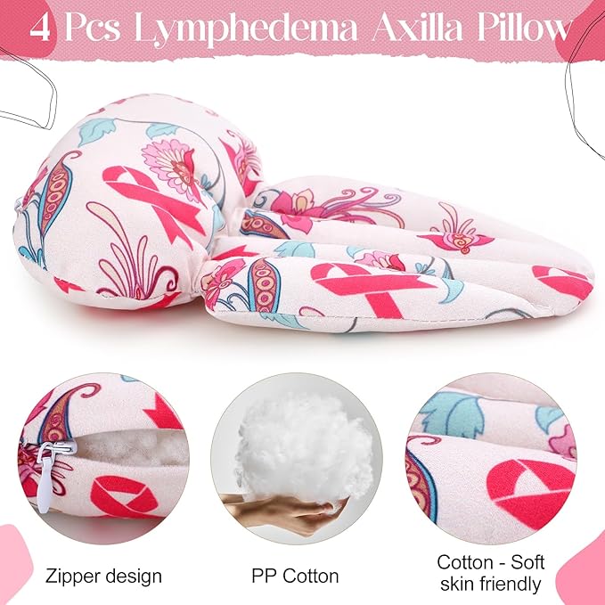 Juexica 4 Pcs Lymphedema Axilla Pillow Mastectomy Pillow Cotton Post Breast Surgery Pillow Mastectomy Recovery Breast Pillow for Sleeping Mastectomy Underarm Pillow Armpit Pain Relief (Pink Ribbon)