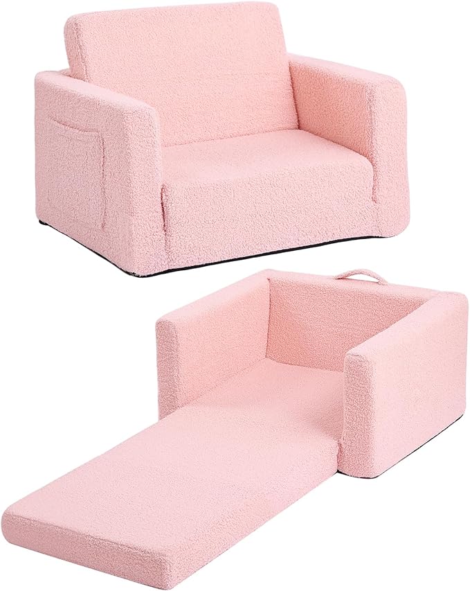 Tiita Kids Chair Couch, Folding Toddler Comfy Sofa Chairs, 2-in-1 Kids Plush Sofa Fold Out, Baby Armrest Chair Sofa to Lounger, Convertible Play Sofas to Bed for Girl or Boy, Pink