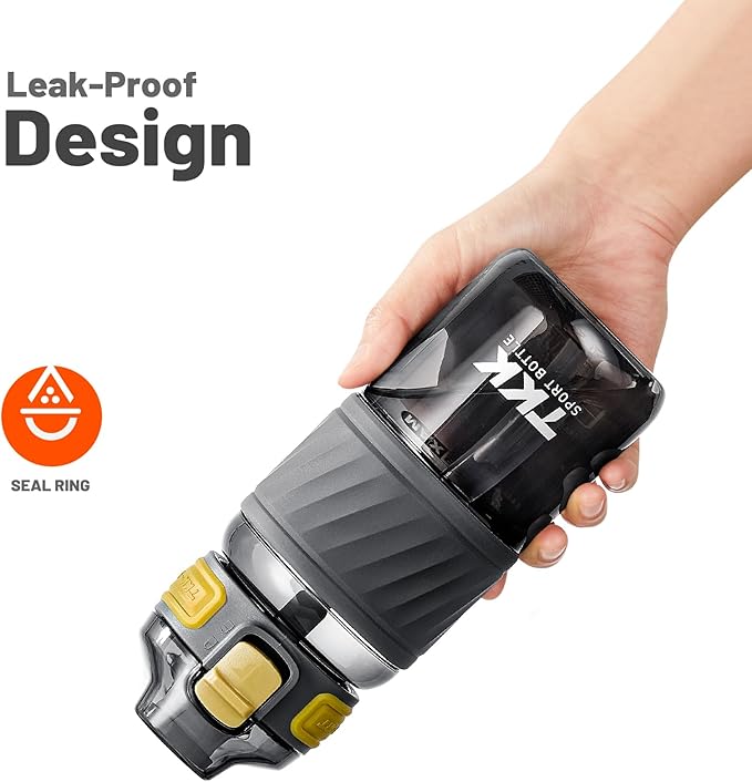 TKK 15oz Sports Water Bottles with Removable Straw Durable BPA Free Tritan Bottles Leak-Proof Water Bottles for School, Fitness, Gym, Outdoor, Grey