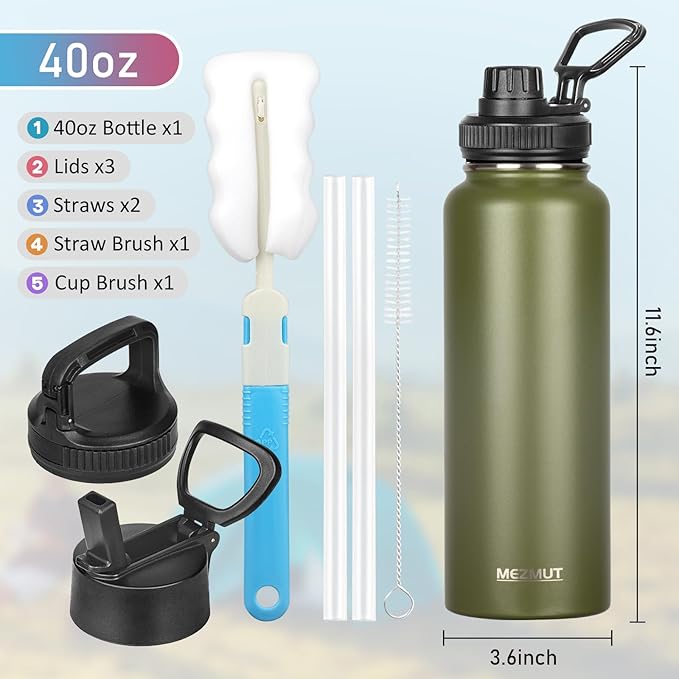 Insulated Water Bottle with Straw&3 Lids 40oz Stainless Steel Water Bottles Sports Metal Water Bottle Double Walled Vacuum Insulated Bottles Thermos Leak-Proof Travel Thermal (Army Green)