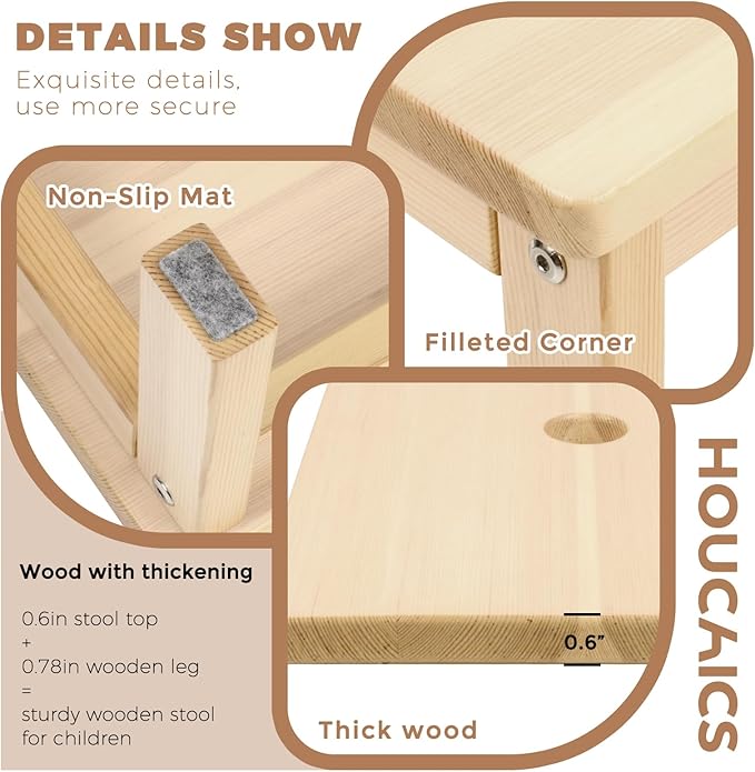 HOUCHICS Wooden Step Stool for Kids,Solid Birch for Kitchen Bedroom Living Room Bathroom Toilet Nursery Toddlers Potty Training Stool with Non-Slip Pads and 220lb Load Capacity (Natural