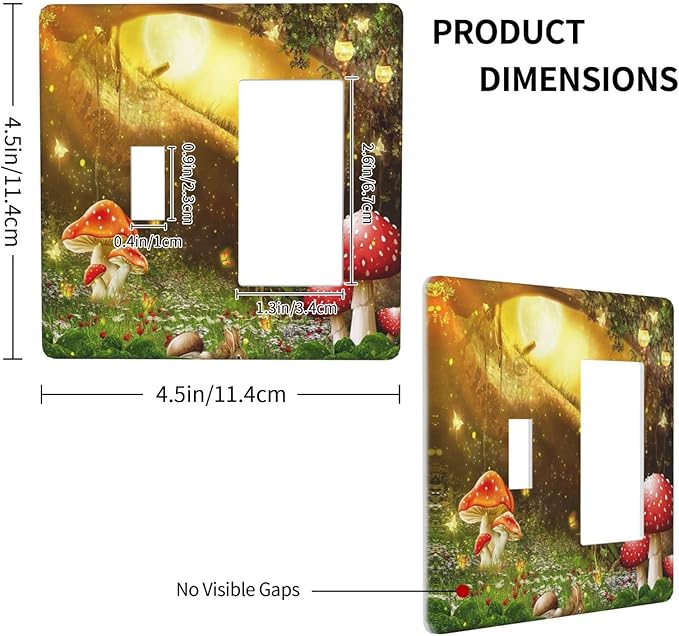 Red Mushroom Forest Fairy Moon Butterfly 2 Gang Single Toggle Rocker Combination Bohemian Light Switch Covers Decorative Wall Plate Cover Electrical Faceplate Switchplate for Kidroom