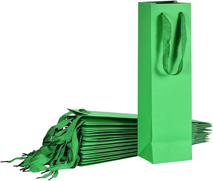 uxcell Wine Bags, 24pcs Grass Green 4 x 4 x 14 In Wine Gift Bags with Handles Paper Wine Tote Bag for Wedding Birthday Christmas Party Supplies