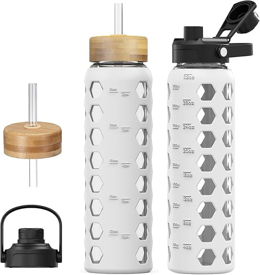 MUKOKO Glass Water Bottles, 32oz Glass Tumbler with Straw, Drinking Bottles with 2 Lids-Handle Spout Lid&Bamboo Straw Lid, Motivational Water Bottle with Time Marker and Silicone Sleeve, 1 Pack-White