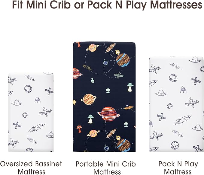 PHF Soft Mini Crib Sheet Set, 2 Pack Silky Comfy Pack N Play Sheets for Boys Girls, Universal Fit for Pack N Play, Playard and Mini Crib Mattresses, Space